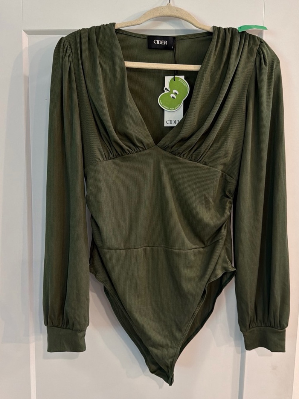 NWT Cider Olive Green V-Neck Long Sleeve Bodysuit with Gathered Shoulders